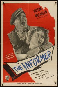 2j460 INFORMER 1sh R47 John Ford, great close up art of angry Victor McLaglen & Heather Angel!
