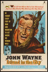 2j467 ISLAND IN THE SKY 1sh '53 William Wellman, close up art of big John Wayne in tree!