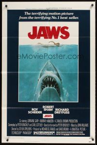 2j472 JAWS 1sh '75 art of Spielberg's classic man-eating shark attacking swimmer!