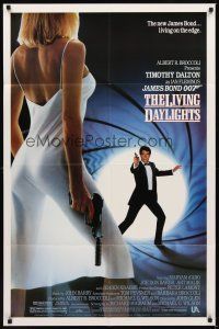 2j517 LIVING DAYLIGHTS 1sh '87 Dalton as Bond & sexy Maryam d'Abo in sheer dress w/gun!