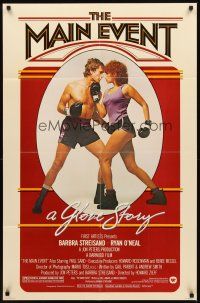 2j542 MAIN EVENT 1sh '79 great full-length image of Barbra Streisand boxing with Ryan O'Neal!