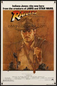 2j687 RAIDERS OF THE LOST ARK 1sh '81 great art of adventurer Harrison Ford by Amsel!