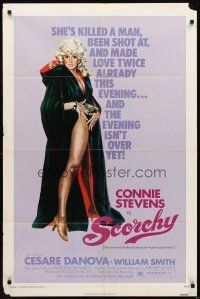 2j738 SCORCHY 1sh '76 full-length art of sexiest barely-dressed Connie Stevens in black cape!