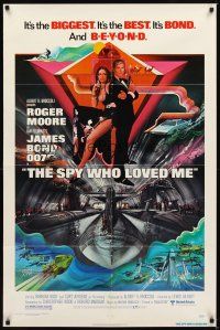 2j802 SPY WHO LOVED ME 1sh '77 cool artwork of Roger Moore as James Bond by Bob Peak!