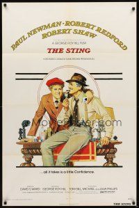 2j821 STING 1sh '74 best artwork of con men Paul Newman & Robert Redford by Richard Amsel!