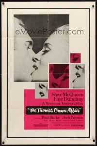 2j877 THOMAS CROWN AFFAIR 1sh '68 best kiss close up of Steve McQueen & sexy Faye Dunaway!
