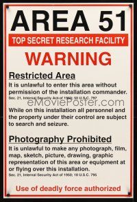 2k604 AREA 51 WARNING commercial poster '95 top secret facility, deadly force authorized!