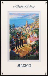 2k445 ALASKA AIRLINES MEXICO travel poster '92 wonderful Heras artwork of mariachis & couple!