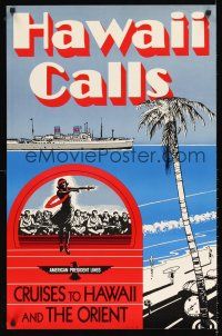 2k495 AMERICAN PRESIDENT LINES HAWAII CALLS travel poster '60s art of beach, ship & native dancer!