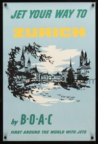 2k447 BOAC ZURICH English travel poster '57 cool art of Swiss cityscape & river!