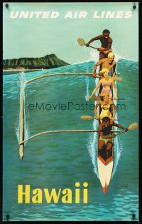 2k425 UNITED AIRLINES HAWAII travel poster '60s Stan Galli art of people in outrigger canoe!