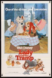 2m142 LADY & THE TRAMP 1sh R80 most romantic spaghetti scene from Disney dog classic!
