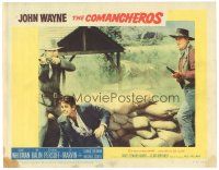 2p392 COMANCHEROS LC #5 '61 cowboy John Wayne & men by sandbags, directed by Michael Curtiz!