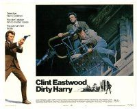 2p444 DIRTY HARRY LC #1 '71 c/u of Clint Eastwood with guy on lift, Don Siegel crime classic!