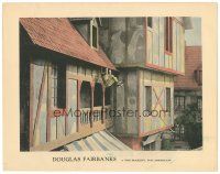 2p579 HIS MAJESTY THE AMERICAN LC '19 Douglas Fairbanks hanging from roof performing his own stunt