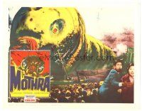 2p719 MOTHRA LC '62 wonderful special effects scene w/ crowd of people running from giant larvae!