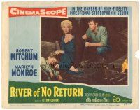 2p825 RIVER OF NO RETURN LC #6 '54 Robert Mitchum behind sexy Marilyn Monroe & Tommy Rettig!