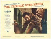 2p952 TROUBLE WITH HARRY LC #3 '55 Hitchcock, Edmund Gwenn & John Forsythe look at dead Harry!