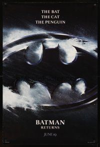 2t089 BATMAN RETURNS teaser 1sh '92 Tim Burton directed, the bat, the cat, the penguin!