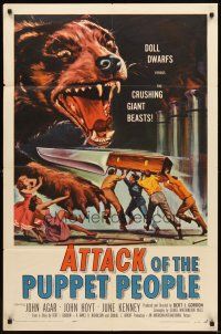 2w071 ATTACK OF THE PUPPET PEOPLE 1sh '58 great art of tiny people with steak knife attacking dog!