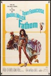 2w359 FATHOM 1sh '67 art of sexy nearly-naked Raquel Welch in parachute harness & action scenes!