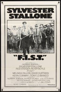 2w347 F.I.S.T. advance 1sh '77 great image of Sylvester Stallone & lots of angry strikers!