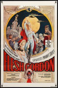 2w376 FLESH GORDON 1sh '74 sexy sci-fi spoof, wacky erotic super hero art by George Barr!
