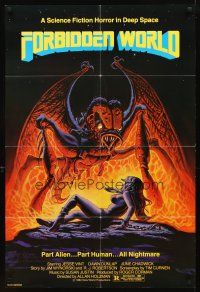2w386 FORBIDDEN WORLD 1sh '82 Roger Corman, cool sci-fi art of monster attacking sexy girl!