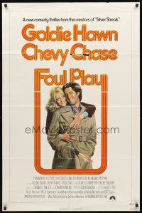 2w391 FOUL PLAY 1sh '78 wacky Lettick art of Goldie Hawn & Chevy Chase, screwball comedy!