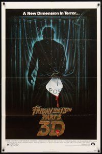 2w402 FRIDAY THE 13th PART 3 - 3D 1sh '82 slasher sequel, art of Jason stabbing through shower!