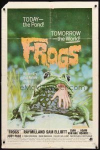 2w404 FROGS 1sh '72 great horror art of man-eating amphibian with human hand hanging from mouth!