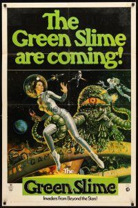 2w457 GREEN SLIME 1sh '69 classic cheesy sci-fi movie, wonderful art of sexy astronaut & monster!