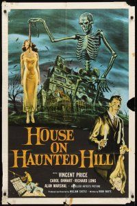2w503 HOUSE ON HAUNTED HILL 1sh '59 classic Vincent Price & skeleton with hanging girl!