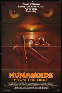 2w515 HUMANOIDS FROM THE DEEP 1sh '80 classic sexy art of eyes looming over sexy girl on beach!