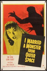 2w520 I MARRIED A MONSTER FROM OUTER SPACE 1sh '58 cool image of Gloria Talbott & monster shadow!