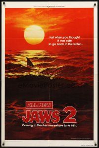 2w560 JAWS 2 style B teaser 1sh '78 classic art of man-eating shark's fin in red water at sunset!