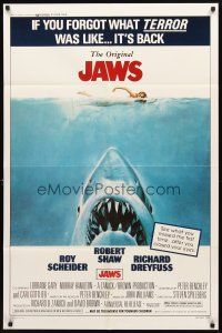 2w556 JAWS 1sh R79 art of Steven Spielberg's classic man-eating shark attacking sexy swimmer!