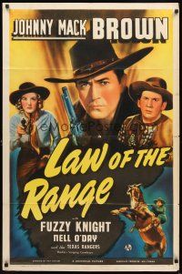 2w598 LAW OF THE RANGE 1sh '41 great close up of Johnny Mack Brown with gun & on horse!