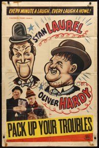 2w704 PACK UP YOUR TROUBLES 1sh R40s wacky different artwork of Laurel & Hardy!