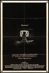 2w721 POLTERGEIST heavy stock 1sh '82 Tobe Hooper, classic, they're here, Heather O'Rourke by TV!