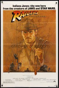 2w742 RAIDERS OF THE LOST ARK 1sh '81 great art of adventurer Harrison Ford by Amsel!