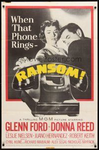 2w746 RANSOM 1sh '56 great image of Glenn Ford & Donna Reed waiting for call from kidnapper!