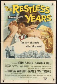 2w751 RESTLESS YEARS 1sh '58 John Saxon & Sandra Dee are condemned by a town with a dirty mind!