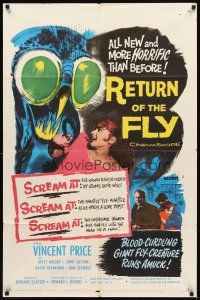 2w752 RETURN OF THE FLY 1sh '59 Vincent Price, cool insect monster art, more horrific than before!