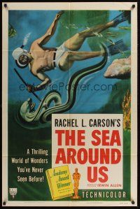 2w788 SEA AROUND US style A 1sh '53 really cool art of diver fighting an eel!