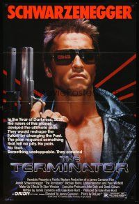 2w877 TERMINATOR 1sh '84 super close up of most classic cyborg Arnold Schwarzenegger with gun!