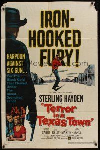 2w878 TERROR IN A TEXAS TOWN 1sh '58 great artwork of Sterling Hayden holding huge harpoon!