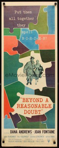 2y297 BEYOND A REASONABLE DOUBT insert '56 Fritz Lang noir, art of Dana Andrews & Joan Fontaine!