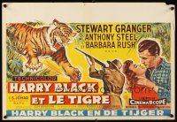 3b390 HARRY BLACK & THE TIGER Belgian '58 art of tiger leaping at hunter Stewart Granger with gun!