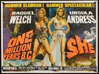 3b537 ONE MILLION YEARS B.C./SHE British quad '60s Raquel Welch & Ursula Andress, Chantrell art!